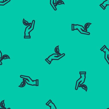 Çevre koruma ikonu elinde mavi çizgi filizi yeşil arka planda izole edilmiş pürüzsüz desen. Tohum ve tohum. Fidan dikiyorum. Ekoloji konsepti. Vektör İllüstrasyonu