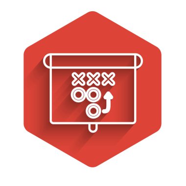 Beyaz çizgi planlama stratejisi konsepti uzun gölgeli izole edilmiş. Futbol ya da Amerikan futbolu kupası formasyonu ve taktiği. Kırmızı altıgen düğmesi. Vektör İllüstrasyonu