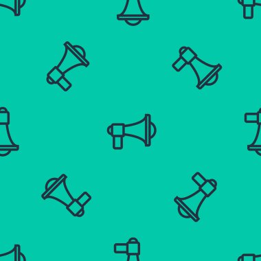 Mavi çizgi megafon simgesi yeşil arka planda kusursuz desen izole etti. Yüksek sesle konuşma uyarısı. Ağızlık için megafon, terfi diye bağırıyor. Vektör İllüstrasyonu