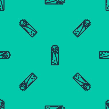 Mavi çizgi Doner kebap simgesi yeşil arka planda izole edilmiş kusursuz desen. Shawarma işareti. Sokak fast food menüsü. Vektör İllüstrasyonu