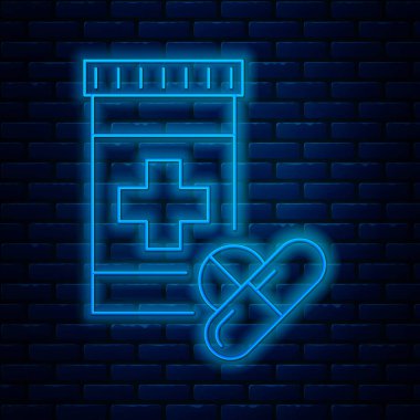 Parlayan neon hattı ilaç şişesi ve tuğla duvar arkasında izole edilmiş hap ikonu. Şişe hapı işareti. Eczane tasarımı. Vektör İllüstrasyonu