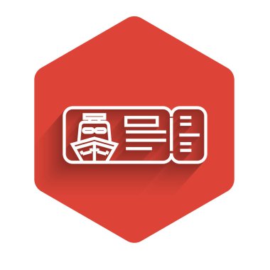 Gemi ikonu ile uzun gölgeli seyahat için beyaz çizgi Cruise bileti. Yolcu gemisiyle seyahat edin. Cennete seyahatler. Kırmızı altıgen düğmesi. Vektör İllüstrasyonu