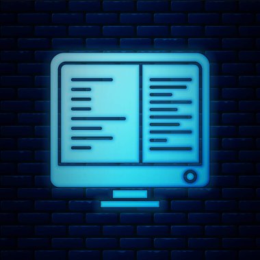 Parlayan neon bilgisayar ekran simgesi tuğla duvar arka planında izole edildi. Elektronik cihaz. Ön manzara. Vektör İllüstrasyonu