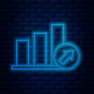 Grafik, çizelge, grafik, diyagram, bilgi grafiği ve tuğla duvar arkasında izole edilmiş turta grafik ikonu ile parlayan neon hattı sunumu finans sektörü. Vektör İllüstrasyonu