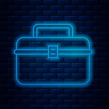 Titreşimli neon hattı kabı ya da kutu kutusu. Duvarın arka planında izole edilmiş balıkçılık ekipmanı ikonu. Balık oltası. Vektör İllüstrasyonu