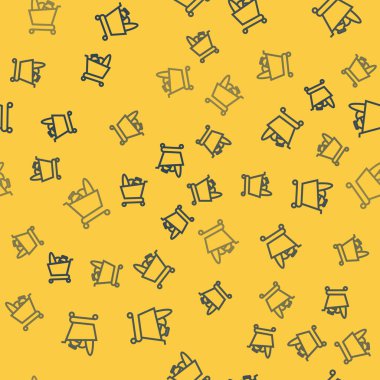 Mavi çizgi alışveriş arabası ve yemek ikonu sarı arka planda izole edilmiş kusursuz desen. Yiyecek dükkanı, süpermarket. Vektör İllüstrasyonu