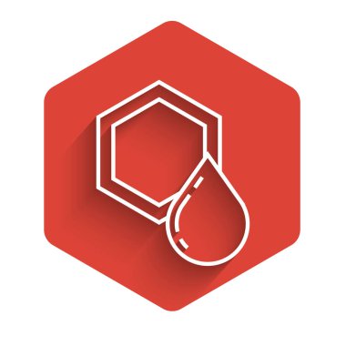 Beyaz çizgi bal peteği simgesi uzun gölgeli izole edilmiş. Bal hücrelerinin sembolü. Tatlı doğal yemek. Kırmızı altıgen düğmesi. Vektör İllüstrasyonu