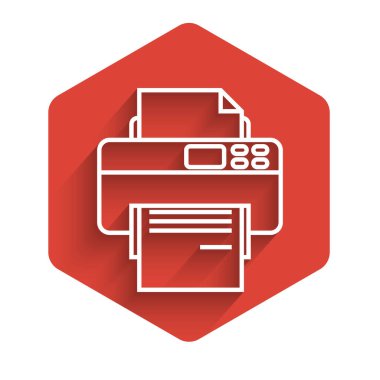 Beyaz çizgi yazıcı simgesi uzun gölgeli izole edildi. Kırmızı altıgen düğmesi. Vektör İllüstrasyonu