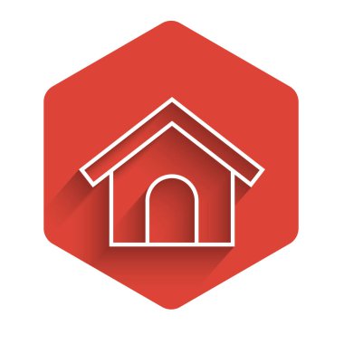 Beyaz çizgi köpek evi ikonu uzun gölgeli izole edilmiş. Köpek kulübesi. Kırmızı altıgen düğmesi. Vektör İllüstrasyonu