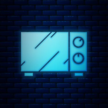 Parlayan neon mikrodalga fırın ikonu tuğla duvar arka planında izole edilmiş. Ev aletleri simgesi. Vektör İllüstrasyonu