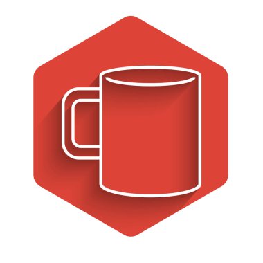 Beyaz çizgi kahve fincanı resmi uzun gölgeli izole edilmiş. Çay fincanı. Sıcak içecek kahvesi. Kırmızı altıgen düğmesi. Vektör İllüstrasyonu