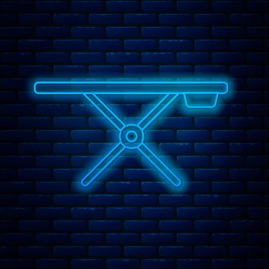 Parlayan neon hattı ütü masası simgesi tuğla duvar arka planında izole edildi. Vektör İllüstrasyonu