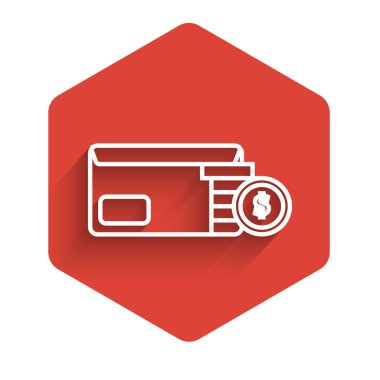 Bozuk para sembollü beyaz çizgi Zarfı uzun gölgeli izole edilmiş. Maaş zammı, maaş bordrosu, tazminat geliri. Kırmızı altıgen düğmesi. Vektör İllüstrasyonu