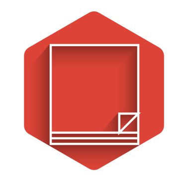 Beyaz çizgi Dosya simgesi uzun gölgeyle izole edildi. Kontrol listesi simgesi. İş konsepti. Kırmızı altıgen düğmesi. Vektör İllüstrasyonu