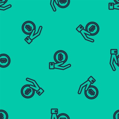 Mavi Çizgili El, Bitcoin simgesini tutuyor. Yeşil arka planda pürüzsüz desen var. Engelleme teknolojisi, dijital para piyasası, şifreli para cüzdanı. Vektör İllüstrasyonu