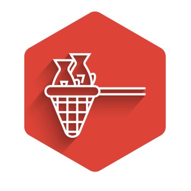 Uzun gölgeli balık ikonlu beyaz olta ağı. Kırmızı altıgen düğmesi. Vektör İllüstrasyonu