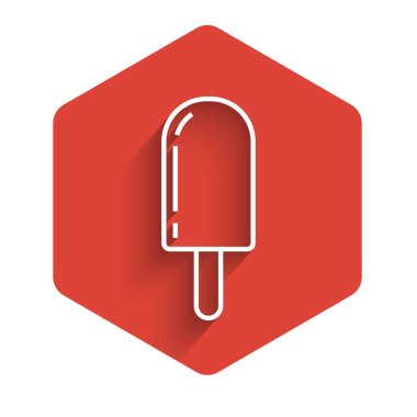 Uzun gölgeli beyaz çizgi dondurma ikonu. Güzel sembol. Kırmızı altıgen düğmesi. Vektör İllüstrasyonu
