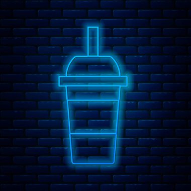 Duvarda izole edilmiş pipet ve su ikonu ile parlayan neon şeritli kağıt bardak. Soda bardağı. Taze soğuk içecek sembolü. Vektör İllüstrasyonu