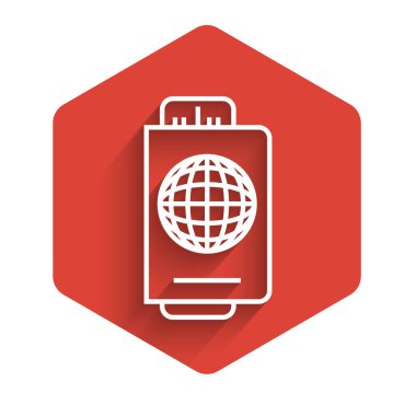 Bilet simgesi uzun gölgeli, beyaz çizgi pasaportlu. Kimlik Belgesi. Konsept seyahat ve turizm. Kırmızı altıgen düğmesi. Vektör İllüstrasyonu