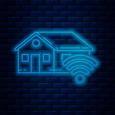 Parlayan neon hattı duvarda kablosuz ağ ikonu olan akıllı ev. Uzaktan kumanda. Vektör İllüstrasyonu