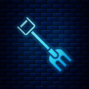 Parlayan Neon Bahçe komisyon simgesi tuğla duvar arka planda izole. Bahçecilik, tarım, Tarım için araç. Zemin tohumcu. Temizlik ekipmanları. Vektör Illustration