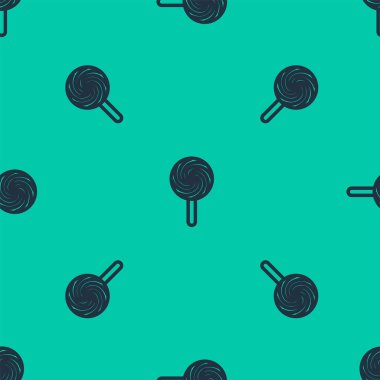 Mavi çizgi lolipop ikonu yeşil arka planda kusursuz desen izole etti. Yemek, lezzetli bir sembol. Vektör İllüstrasyonu