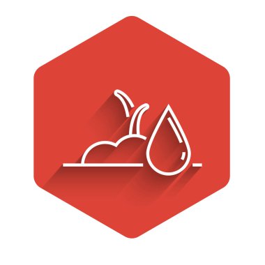 Beyaz çizgi, uzun gölgeli, filiz ikonu. Tohum ve tohum. Sulama sembolü. Yaprak doğası. Kırmızı altıgen düğmesi. Vektör İllüstrasyonu