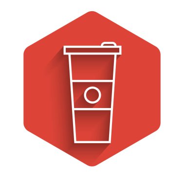 Beyaz çizgi kağıt bardak ve uzun gölgeli su ikonu. Soda bardağı. Taze soğuk içecek sembolü. Kırmızı altıgen düğmesi. Vektör İllüstrasyonu