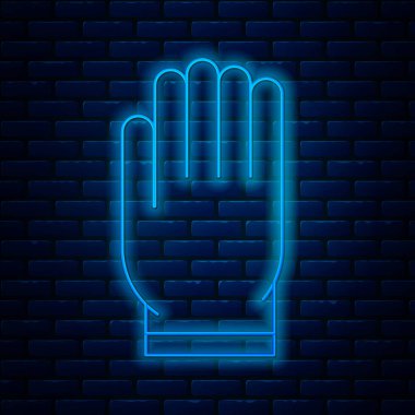 Parlayan neon çizgili bahçe eldiveni ikonu tuğla duvar arkasında izole edilmiş. Lastik eldivenlerin işareti. Çiftçilik el koruması, eldiven güvenliği. Vektör İllüstrasyonu