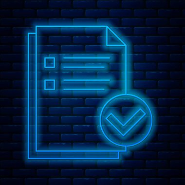 Parlayan neon hattı Belgesi ve tuğla duvar arka planında izole edilmiş işaret simgesi. Kontrol listesi simgesi. İş konsepti. Vektör İllüstrasyonu