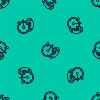 Mavi çizgi Amerikan futbol topu ve kronometre ikonu yeşil arka planda izole edilmiş kusursuz desen. Spor malzemeleri seti. Vektör İllüstrasyonu