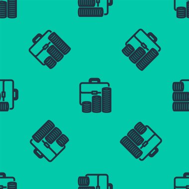 Mavi çizgi evrak çantası ve madeni para simgesi yeşil arka planda izole edilmiş. İş ilanı. İş portföyü. Vektör İllüstrasyonu