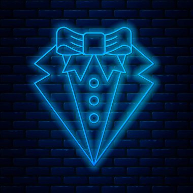 Parlayan neon hattı. Tuğla duvar arkasında Suit simgesi izole edildi. Smokin mi? Kravatlı gelinlik. Vektör İllüstrasyonu
