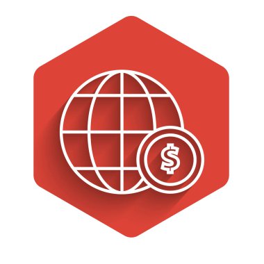 Dolar sembollü beyaz çizgi Dünya küresi uzun gölgeli izole edilmiş. Dünya ya da Dünya işareti. Küresel internet sembolü. Geometrik şekiller. Kırmızı altıgen düğmesi. Vektör İllüstrasyonu