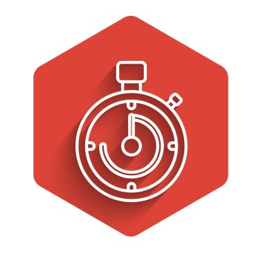 Beyaz çizgi evrak çantası simgesi uzun gölgeli izole edildi. İş ilanı. İş portföyü. Kırmızı altıgen düğmesi. Vektör İllüstrasyonu