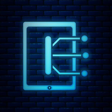 Duvarın arkasında parlayan neon tablet simgesi izole edildi. Vektör İllüstrasyonu