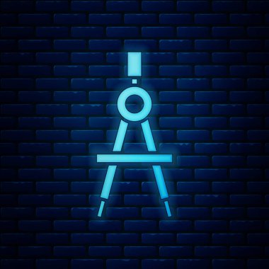 Parlayan neon çizim simgesi tuğla duvar arka planında izole edildi. Pusula işareti. Çizim ve eğitim araçları. Geometrik alet. Vektör İllüstrasyonu