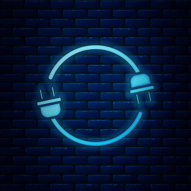 Tuğla duvar arka plan üzerinde izole parlak neon elektrik fişi kutsal kişilerin resmi. Bağlantı ve kopukluk elektrik kavramı. Vektör çizim