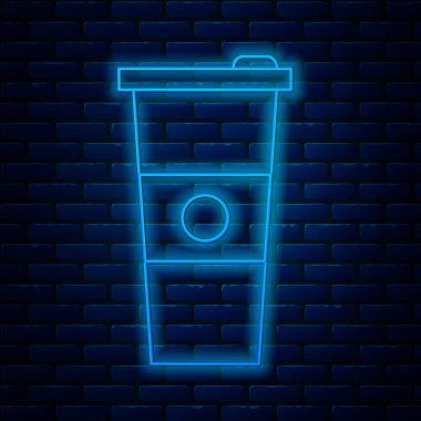 Parlak neon çizgili kağıt bardak ve su ikonu tuğla duvar arka planında izole edilmiş. Soda bardağı. Taze soğuk içecek sembolü. Vektör İllüstrasyonu