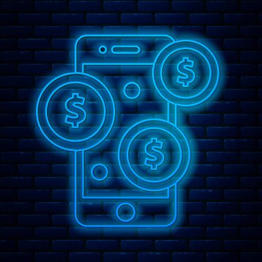 Parlayan neon hattı, dolar sembollü akıllı telefon tuğla duvar arkasında izole edilmiş. İnternetten alışveriş konsepti. Finansal cep telefonu simgesi. Çevrimiçi ödeme. Vektör İllüstrasyonu