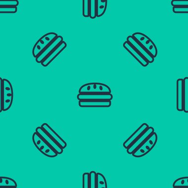 Mavi çizgi Burger ikonu yeşil arka planda kusursuz desen izole etti. Hamburger ikonu. Çizburger sandviç tabelası. Fast food menüsü. Vektör İllüstrasyonu
