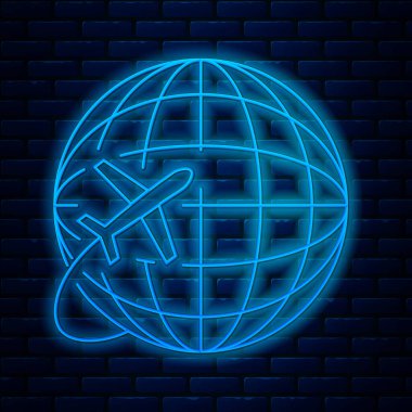 Parlayan neon hattı Globe 'un duvarda izole edilmiş uçan uçak ikonu var. Uçak Dünya 'nın etrafında uçuyor. Uçak dünyası ikonu. Vektör İllüstrasyonu