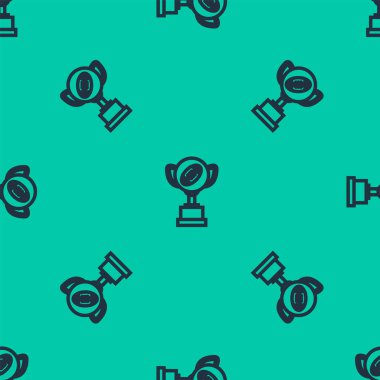 Mavi çizgi ödül kupası ve Amerikan futbol topu ikonu yeşil arka planda izole edilmiş kusursuz desen. Galibiyet ödülü sembolü. Şampiyonluk ya da yarışma kupası. Vektör İllüstrasyonu