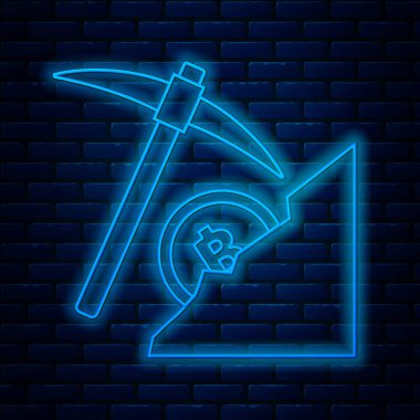 Parlayan neon hattı kripto para birimi bulut madenciliği ikonu tuğla duvar arka planında izole edildi. Kazmalı bulut, bitcoin, dijital para piyasası, kripto para cüzdanı. Vektör İllüstrasyonu