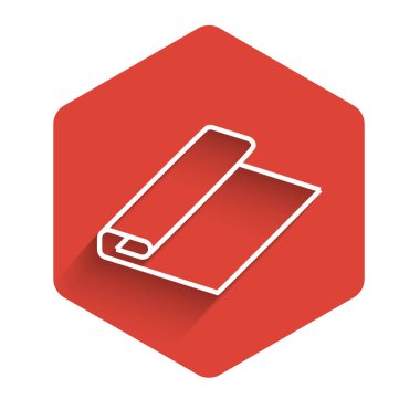 Beyaz çizgili kumaş rulo ikonu uzun gölgeli izole edilmiş. Yuvarlan, paspas, halı, halı, halı ya da kağıt rulo ikonu. Kırmızı altıgen düğmesi. Vektör İllüstrasyonu