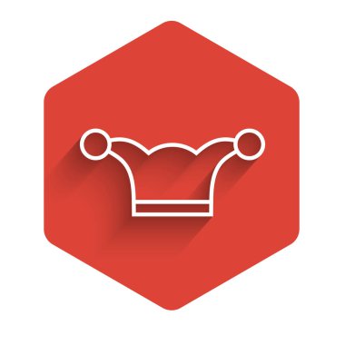 White line Jester hat with bells isolated with long shadow. Clown icon. Amusement park funnyman sign. Red hexagon button. Vector Illustration