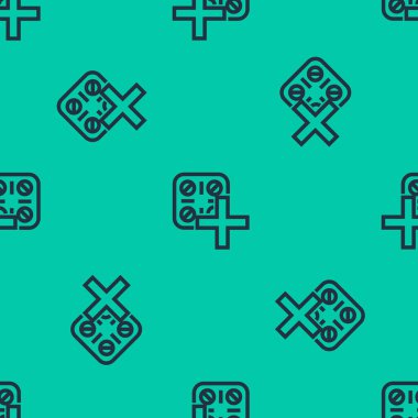 Mavi çizgi hapları yeşil arka planda izole edilmiş ikon şeklinde. İlaç paketi. Tablet vitamin, antibiyotik, aspirin. Vektör İllüstrasyonu