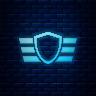 Parlayan neon askeri ödül ikonu tuğla duvar arkasında izole edilmiş. Ordu işareti. Vektör İllüstrasyonu