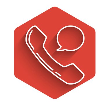 Beyaz hat telefon ahizesi ve uzun gölgeli konuşma balonu sohbet simgesi. Telefon işareti. Kırmızı altıgen düğmesi. Vektör İllüstrasyonu