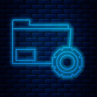 Duvarda izole edilmiş vites simgesiyle parlayan neon çizgi dizin ayarları. Yazılım güncellemesi, transfer protokolü, takım çalışması araç yönetimi, kopyalama süreci. Vektör İllüstrasyonu